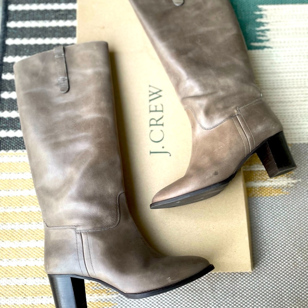 J. Crew knee high gray leather heel boots size 9
